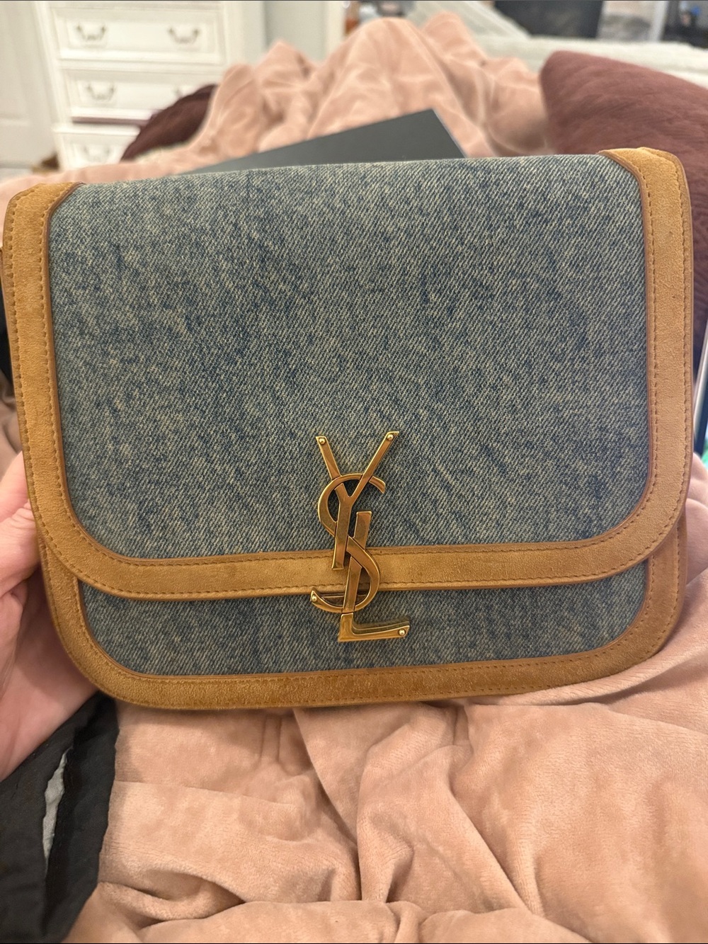 Saint Laurent Denim and Tan Suede YSL Flap Messenger Bag